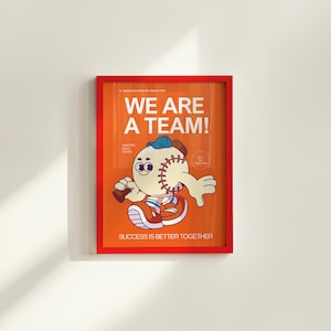 Retro Sport Druck, Orange Wanddruck, niedliche Wandkunst, Retro Cartoon Poster, Kinder Kunst, Teamwork Druck, Kinder Kunst, Klassenzimmer Dekor, Baseball
