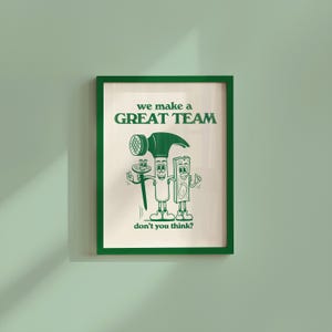 Decoración de habitaciones para niños: póster escolar de decoración de clases, impresión artística de trabajo en equipo para el aula, arte de pared verde, inspiración de dibujos animados retro para niños, arte en equipo