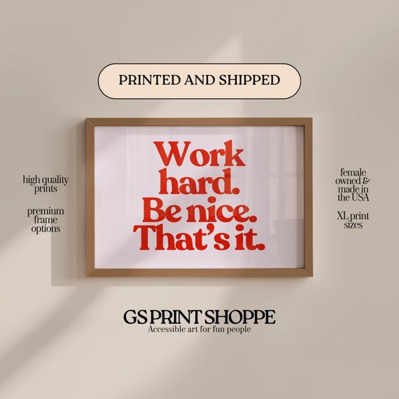 Work Hard Be Nice Horizontal Art Print, classroom decor, kids room decor, playroom wall art print
