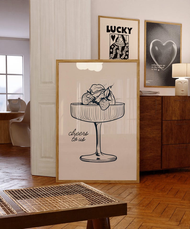 Cheers to Us Print Poster, Retro Kitchen Decor, Aesthetic Kitchen Wall Art, Wine Kitchen Art, Retro Kitchen Print