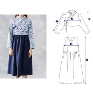 Women&#39;s Hanbok Korean Pattern 2 | Traditional Hanbok | Full-Size & Scaled Sewing Pattern | Korea Paper Pattern | DIY Hanbok Sewing Pattern