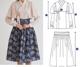 Koreaans Hanbok-patroon dames 5 | Traditionele Hanbok | Naaipatroon op volledige grootte en op schaal | Koreaans papieren patroon | Zelfgemaakt Hanbok-naaipatroon