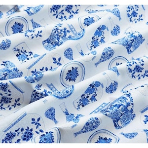 100% Cotton Fabric 20s | Korean Traditional Blue and White Porcelain Pattern (청화백자) Design, 110cm (44"), Made in Korea HQ010