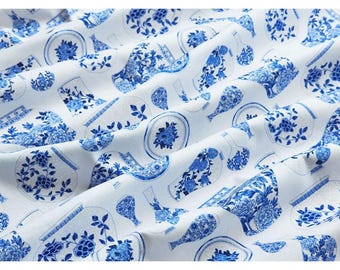 100% Cotton Fabric 20s | Korean Traditional Blue and White Porcelain Pattern (청화백자) Design, 110cm (44"), Made in Korea HQ010