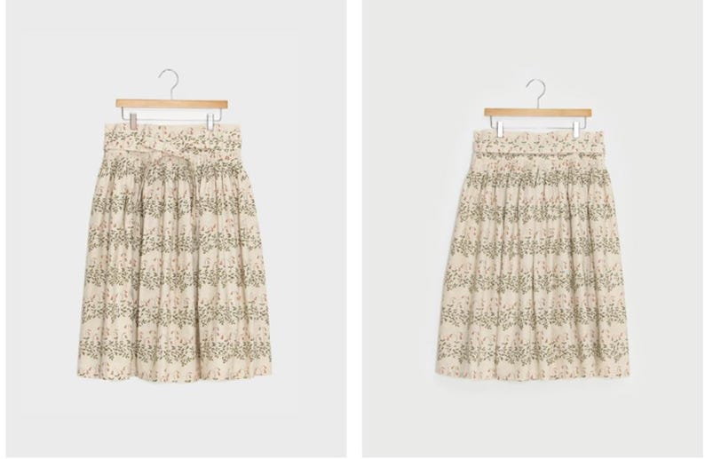 Puede incluir: Una falda midi de color crema con estampado floral de peque&ntilde;as hojas verdes y flores rosas. La falda tiene una cintura fruncida y un lazo en la parte delantera.