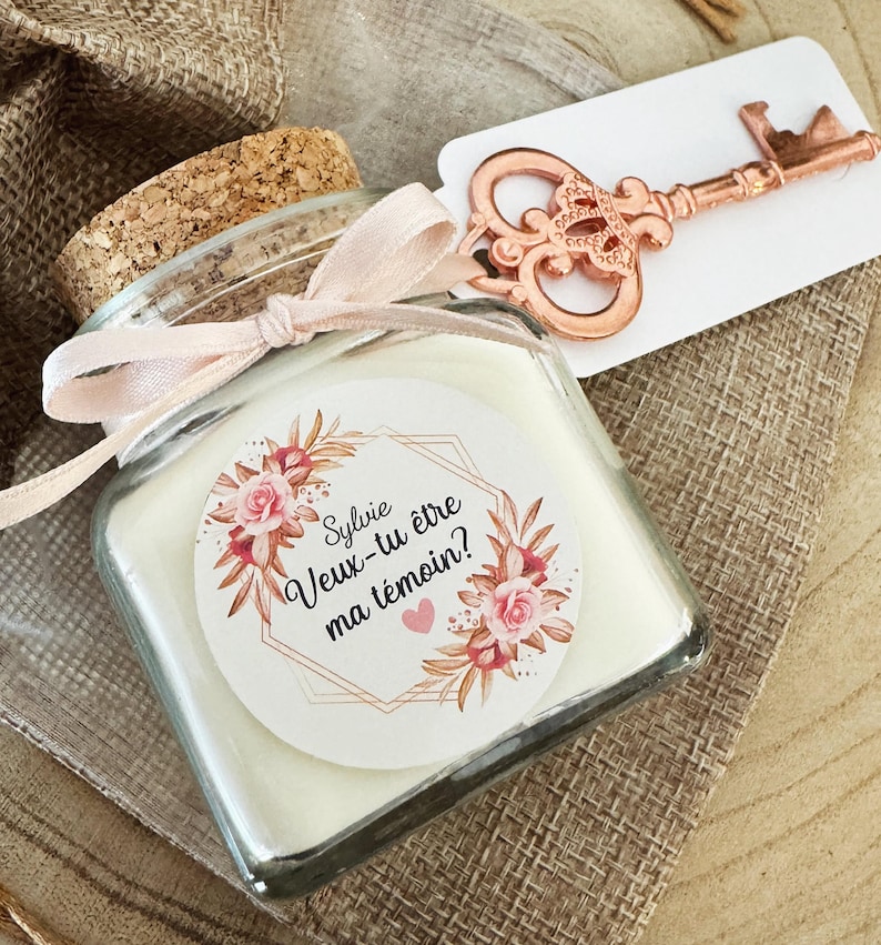 Bougie personnalisée pour demande de témoin avec pochon et décapsuleur