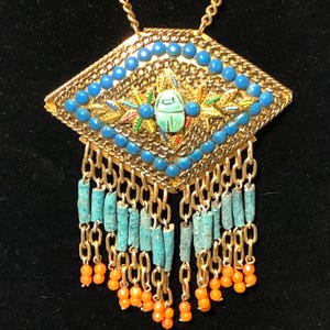 Egyptian Revival Enamel Natural Stone Scarab Chain Pendant Necklace VTG Rare