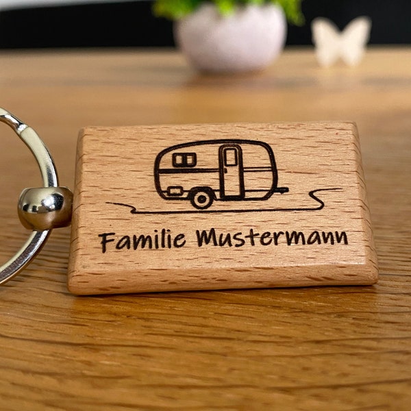 Schlüsselanhänger mit Gravur in Deutschland Personalisiert Wohnmobil Camper Geschenkidee  Holz Wohnanhänger Geburtstag Urlaub Familienname