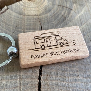 Keychain with engraving in Germany Personalized Motorhome Happy Camper Gift Idea Wooden Birthday Holiday Wish Family Name