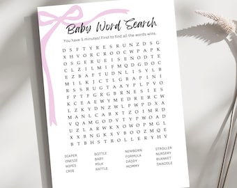 Baby Shower Word Search Game, Baby Girl Word Search, Baby Shower Game, Baby Puzzle, Baby Girl Game, Pink Bow, Word Search, Girl Baby Shower