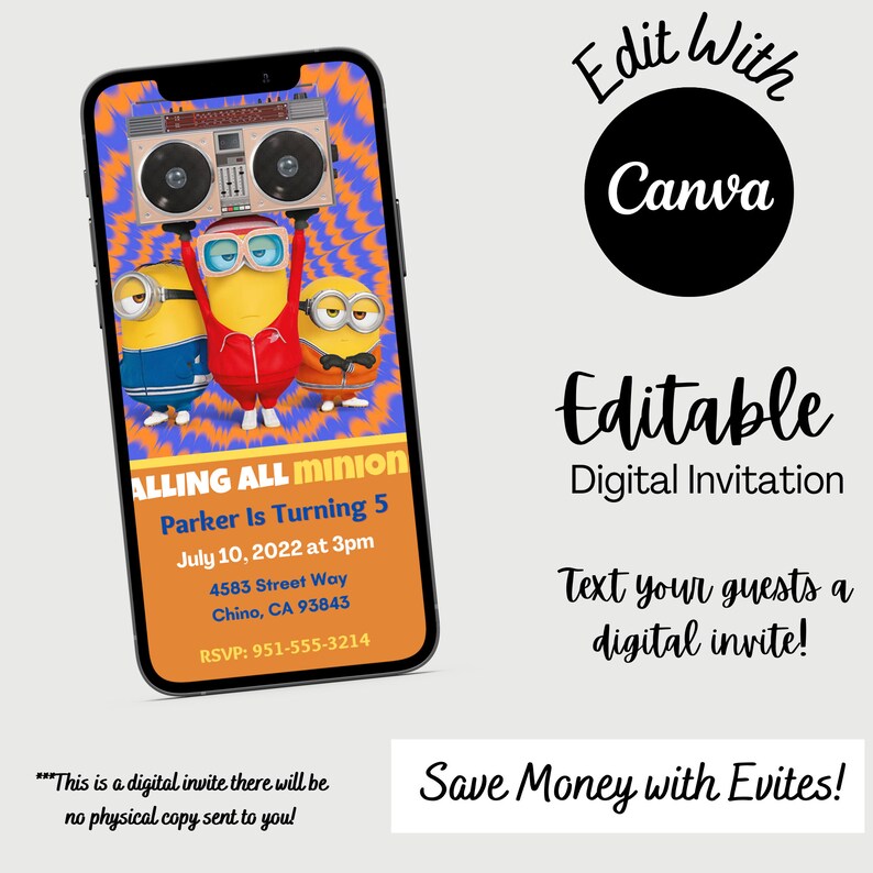 Minions Invitation Minions Digital Invite Minions Editable Etsy