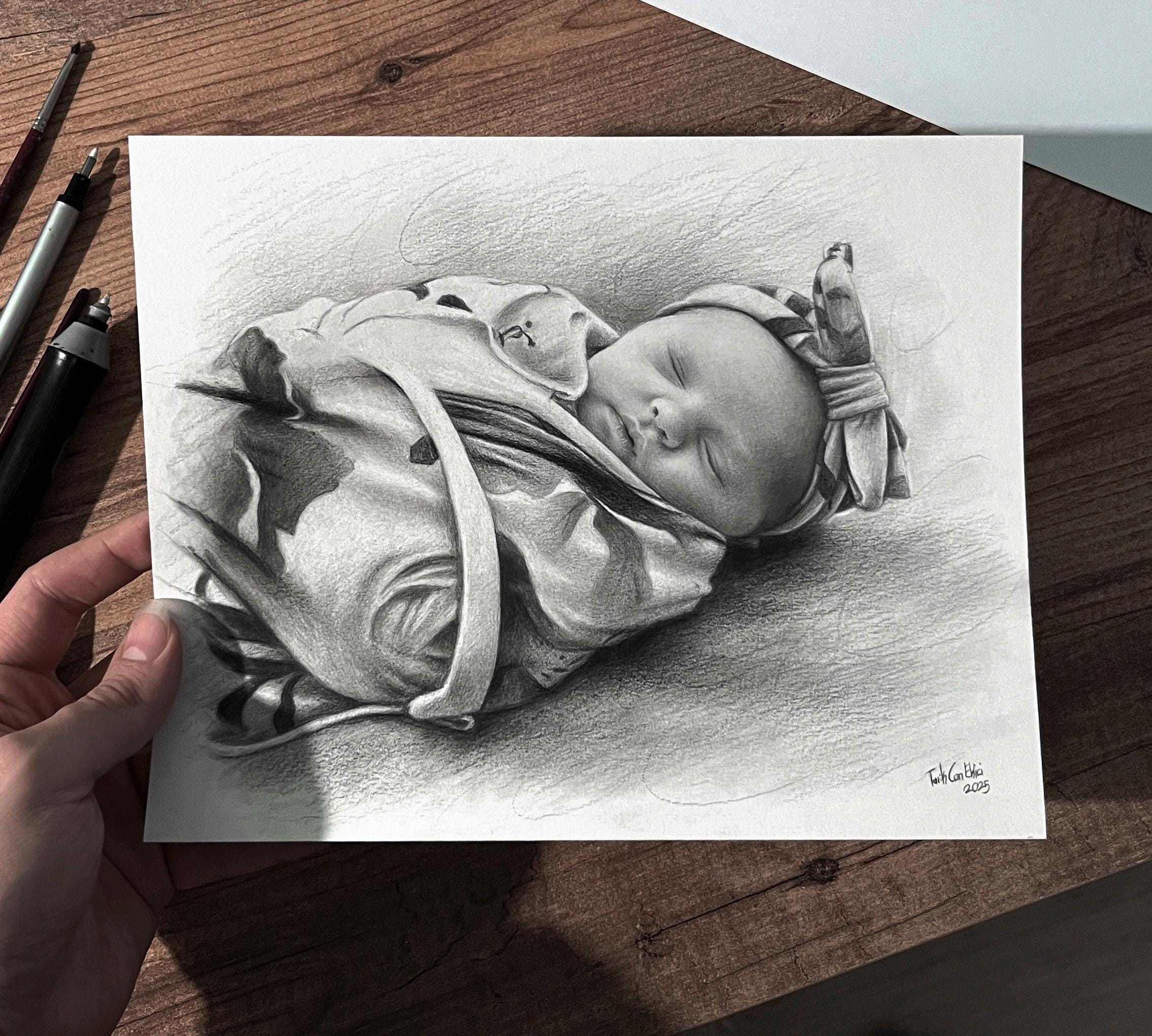 Custom Charcoal Baby Portrait: Handmade Family Drawing Gift