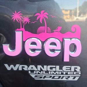 May include: Pink Jeep Wrangler Unlimited Sport emblem with a beach scene featuring palm trees, a sunset, and a beach chair. The emblem is on a black background.