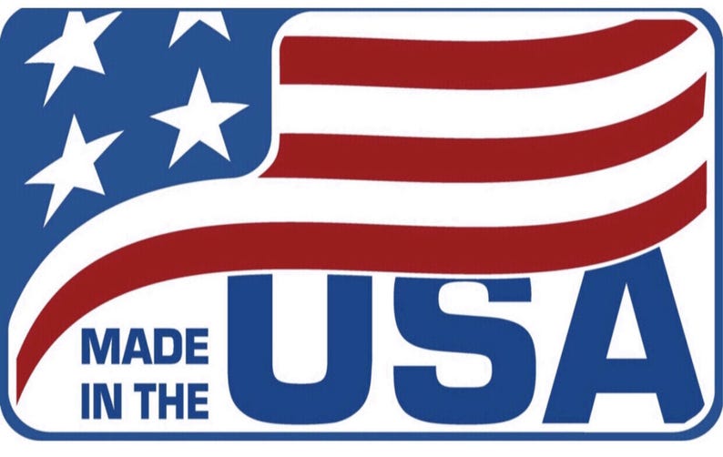 May include: A rectangular graphic with the text "MADE IN THE USA" in white and blue. The design incorporates the American flag with red and white stripes and blue field with white stars.