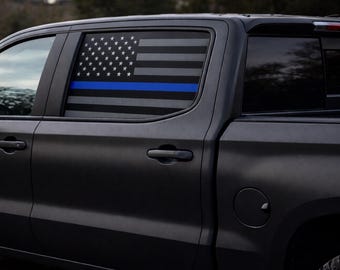 Thin Blue Line American Flag Quarter Window Decal for Chevy Silverado 1500 crew cab 2019-26  Matte Black Police Support Truck Window Sticker