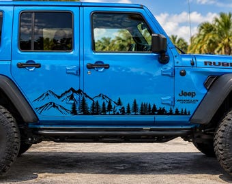 Mountain Forest Decal 2Pcs– Bigfoot Sasquatch Trees Vinyl Sticker, Side Door Graphic Fits Jeep Wrangler 4- doors, Outdoor 4x4 Trail Design