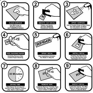 May include: A step-by-step guide for applying a decal, with nine illustrated steps. Instructions include cleaning the surface, smoothing the decal, spraying the surface, peeling the backing, spraying the decal, installing the decal, drying time, removing tape, and inspecting the decal.