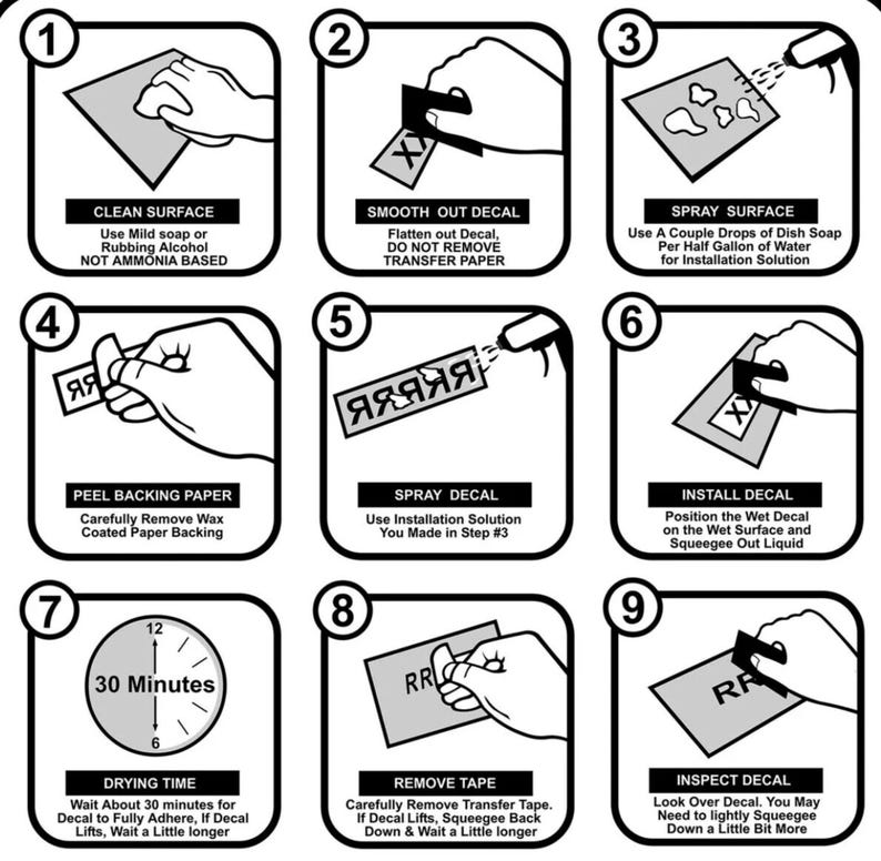 May include: A step-by-step guide for applying a decal, with nine illustrated steps. Instructions include cleaning the surface, smoothing the decal, spraying the surface, peeling the backing, spraying the decal, installing the decal, drying time, removing tape, and inspecting the decal.