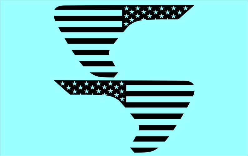 May include: Two black and white American flag designs on a light blue background. The designs are stylized, with the stars and stripes arranged in a unique, abstract shape. The image is a graphic design.