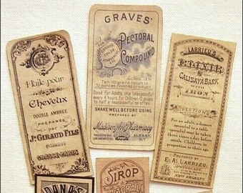 Set of 12 Elixir Syrup & Remedy Vintage Victorian APOTHECARY LABELS Halloween Decor