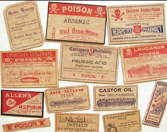 Set of 13 POISON Vintage-look APOTHECARY LABELS Halloween Decor / Primitive and Tea-stained