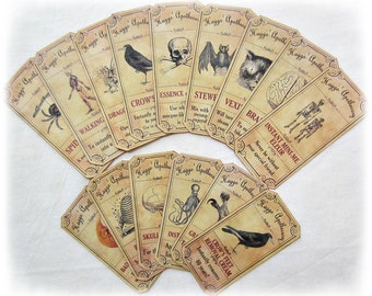 SET of 15 Vintage Look APOTHECARY Potion Ingredient LABELS Halloween Decor Poison Primitive