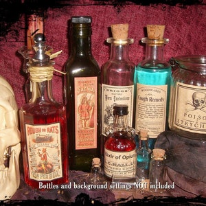 May include: A collection of vintage-style glass bottles with labels, including "Rough on Rats", "Kichapoo Indian Sagwa", "Briggs Warm Confections", "Woodwards Cough Remedy", and "Poison Strychnia". The bottles are arranged on a dark surface with a skull and other decorative elements.