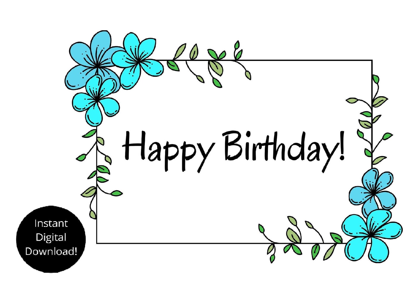 Happy Birthday Card Blue Flower Birthday Card Digital Etsy