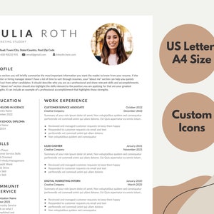 Puede incluir: Una plantilla de currículum en un esquema de color marrón claro y blanco con una foto de una mujer en la esquina superior derecha. El currículum se titula "Julia Roth" e incluye secciones para "Perfil", "Educación", "Experiencia laboral", "Habilidades" y "Servicio comunitario".
