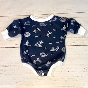 Bubble romper baby, sweatshirt romper, boat romper baby, boy romper, gender neutral baby gift, ocean baby, Baby Swaddle Boutique