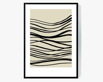 Beiges abstraktes Art Print, schwarze Linie minimalistisches Dekor (Digitaler Download)