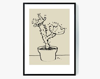 Minimalistischer Pflanzendruck, Beige und Schwarz Abstrakte Wandkunst (Digitaler Download)