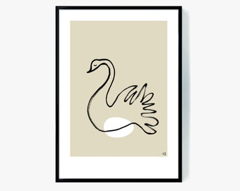 Schwan Kinderzimmer-Kunstdruck, beige minimalistische Linie-Zeichnung (Digitaldrucke)