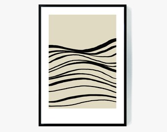 Minimalistischer Abstrakter Kunst Druck, Beige und Schwarze Wellen (Digitaler Download)