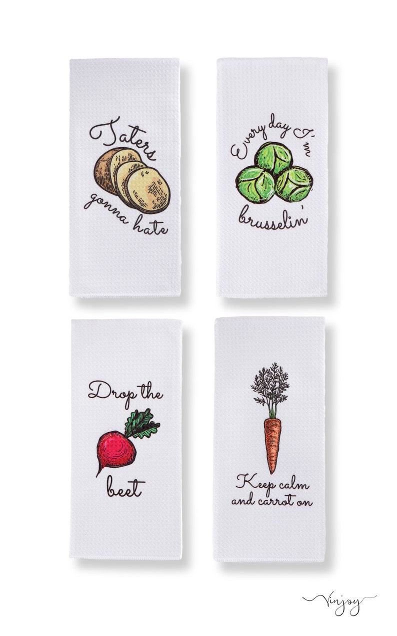 Set of four kitchen dish towels: A mix of practicality and humor in every wipe