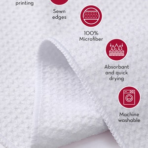 high quality, sewn edges, 100% microfiber, absorbent and quick drying kitchen dish towel set of four