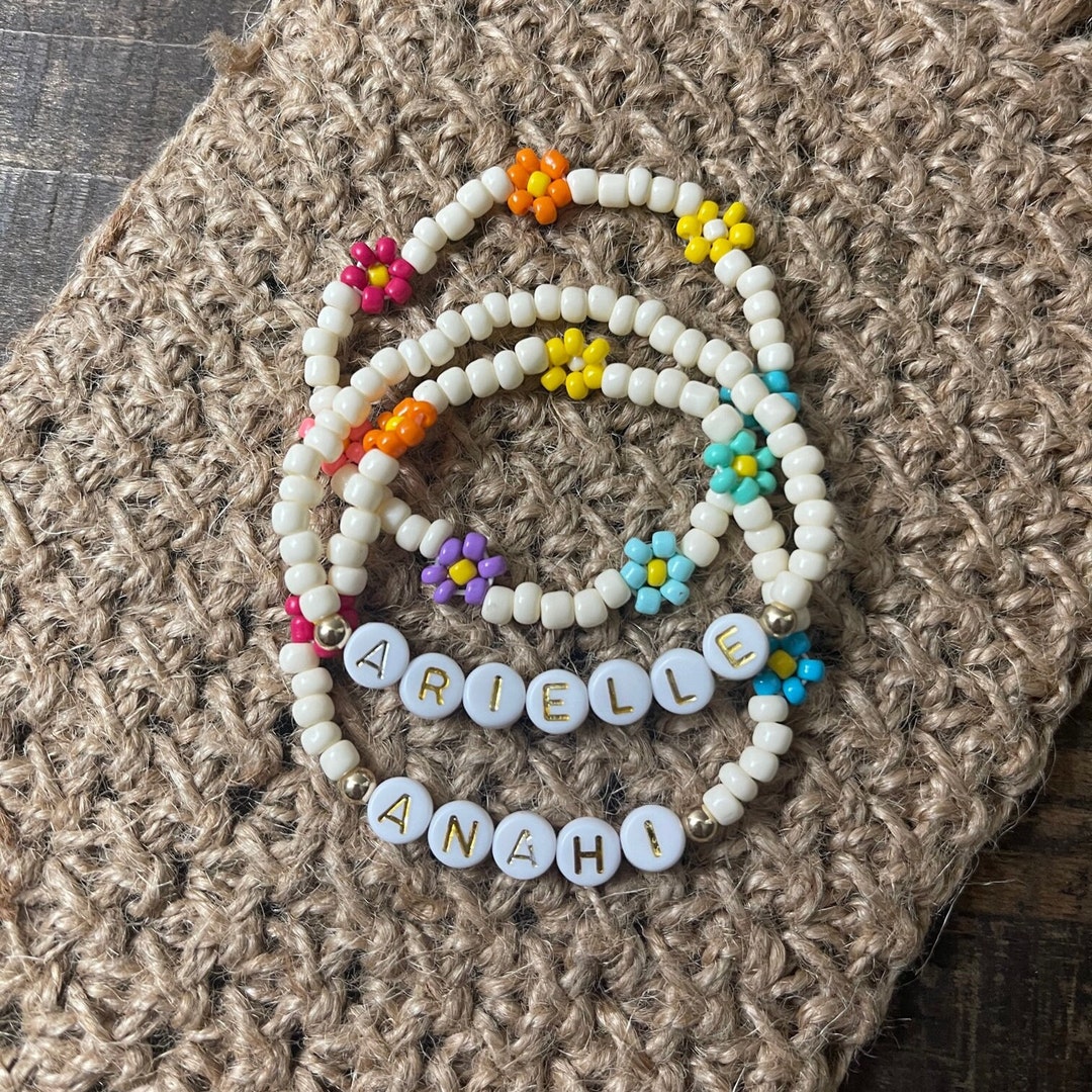 Personalized Beaded Name Bracelet, Kids Daisy Bracelet, Party Favors