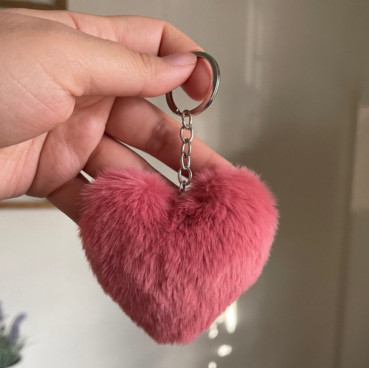 Hicarer 12 Pieces Pom Poms Keychains Fluffy Heart Shape Pompoms Keyrings Puff Ball Faux Fur Keychain for Valentine's Day