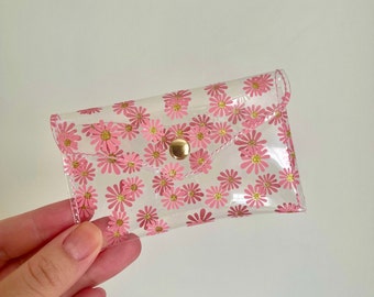 Floral Print Snap Button Card Holder, Daisy Print Card Holder, Flower Print Wallet, Mini Wallet, Business Card Holder, Clear Jelly Wallet