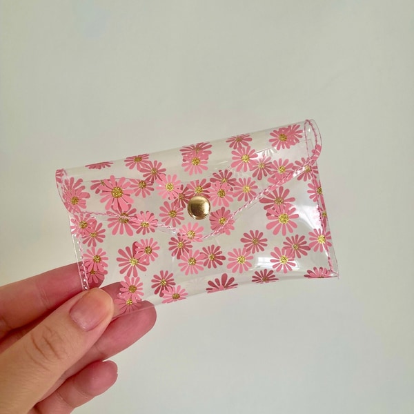 Floral Print Snap Button Card Holder, Daisy Print Card Holder, Flower Print Wallet, Mini Wallet, Business Card Holder, Clear Jelly Wallet