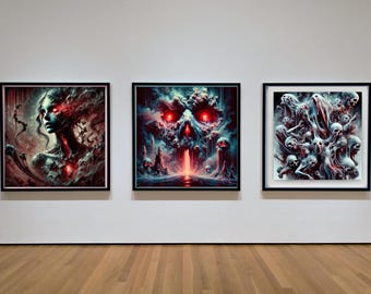 May include: Three framed art prints with a dark, gothic, and surreal theme. The first print features a woman with long, flowing hair and a red glowing face. The second print features a skull with red glowing eyes and a waterfall of red light. The third print features a cluster of skulls and faces with a white and blue color scheme.