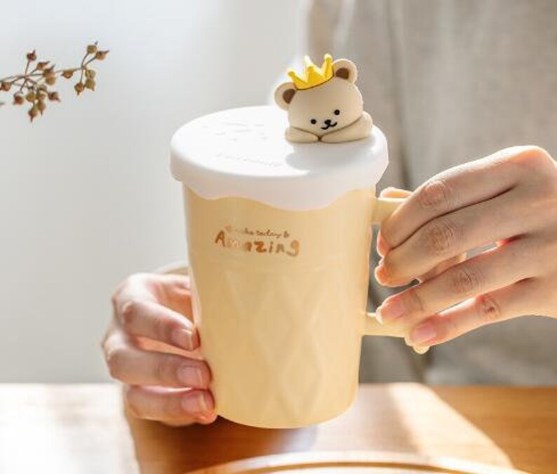 Cute ceramic bear mug with lid in pastel colors | Coffee mug with lid in pastel colors | Ceramic & Heat Resistant Mug | Gift for her image 3