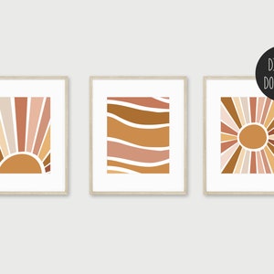 Boho Galerie Wandkunst, druckbare Wandkunst, Digitaldrucke, Boho Sonnenschein & Welle warme Farben