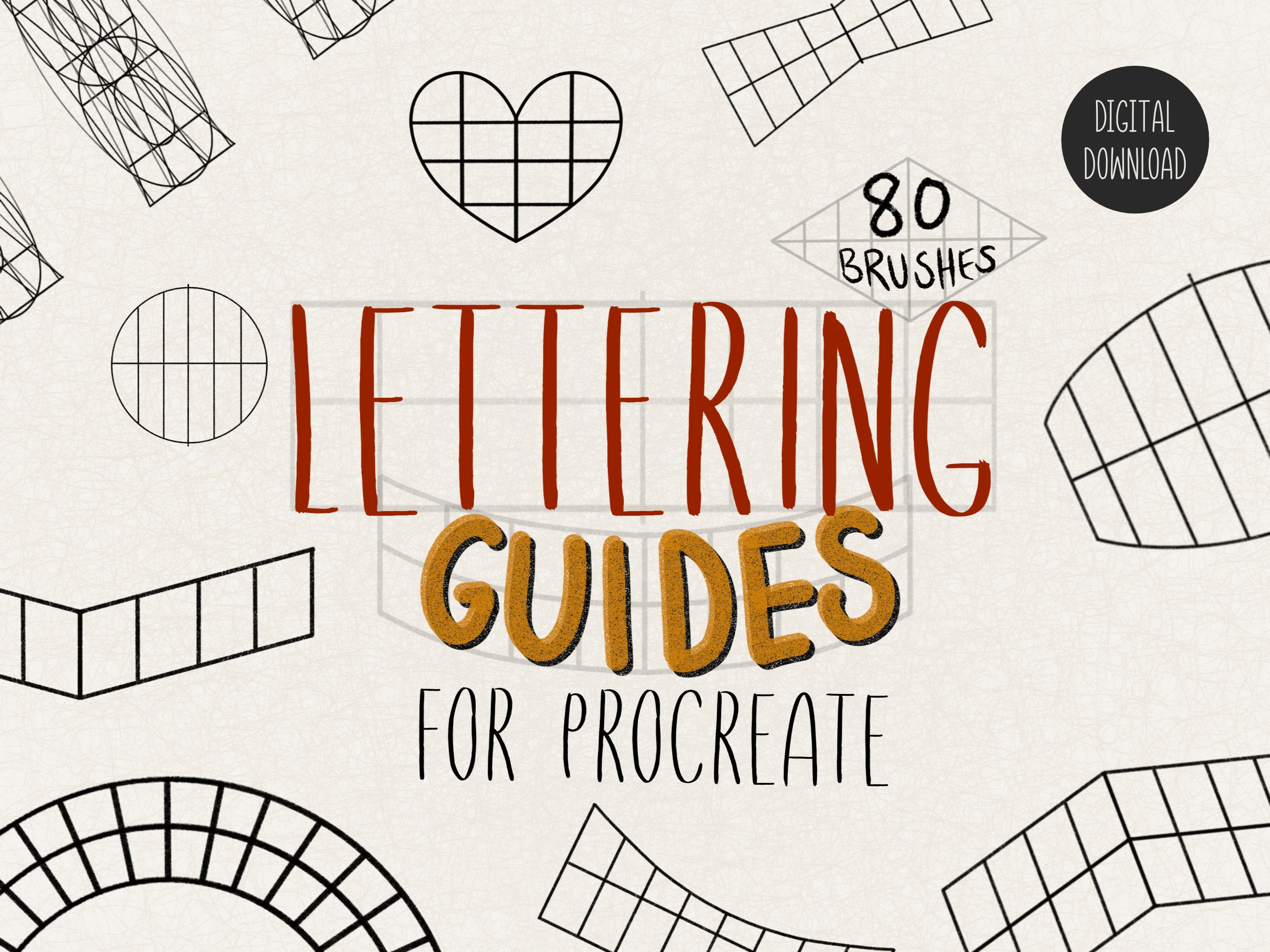 Conjunto de pincéis de guias e grades para Procreate | 80 pincéis carimbo para lettering
