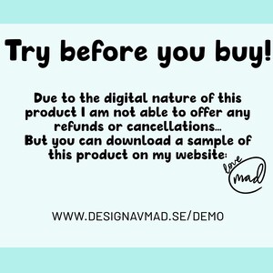 以下が含まれることがあります： 水色の背景に、黒い文字で「Try before you buy!」と書かれた白い長方形があります。テキストはデジタル製品の返金ポリシーを説明し、サンプルをダウンロードするためのウェブサイトに誘導します。