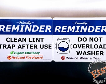 Laundry Magnet Combo Pack - Clean Lint Trap and Do Not Overload Washer Friendly Reminder Sign for Washer and Dryer