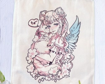Pink Witch Girl with Cat : Original Illustration Anime Tote Bag