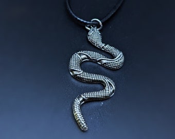 Handmade Silver Snake Pendant Unisex Leather Necklace