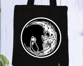 Sinister Moon with Cat Original Illustration Tote Bag