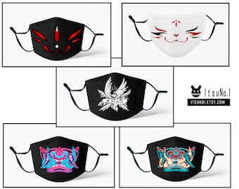 Original Design Facemask with Carbon Activated Filter Oriental Anime Japanese Inspired Art Masks Fox Kitsune Oni Mask Face covering